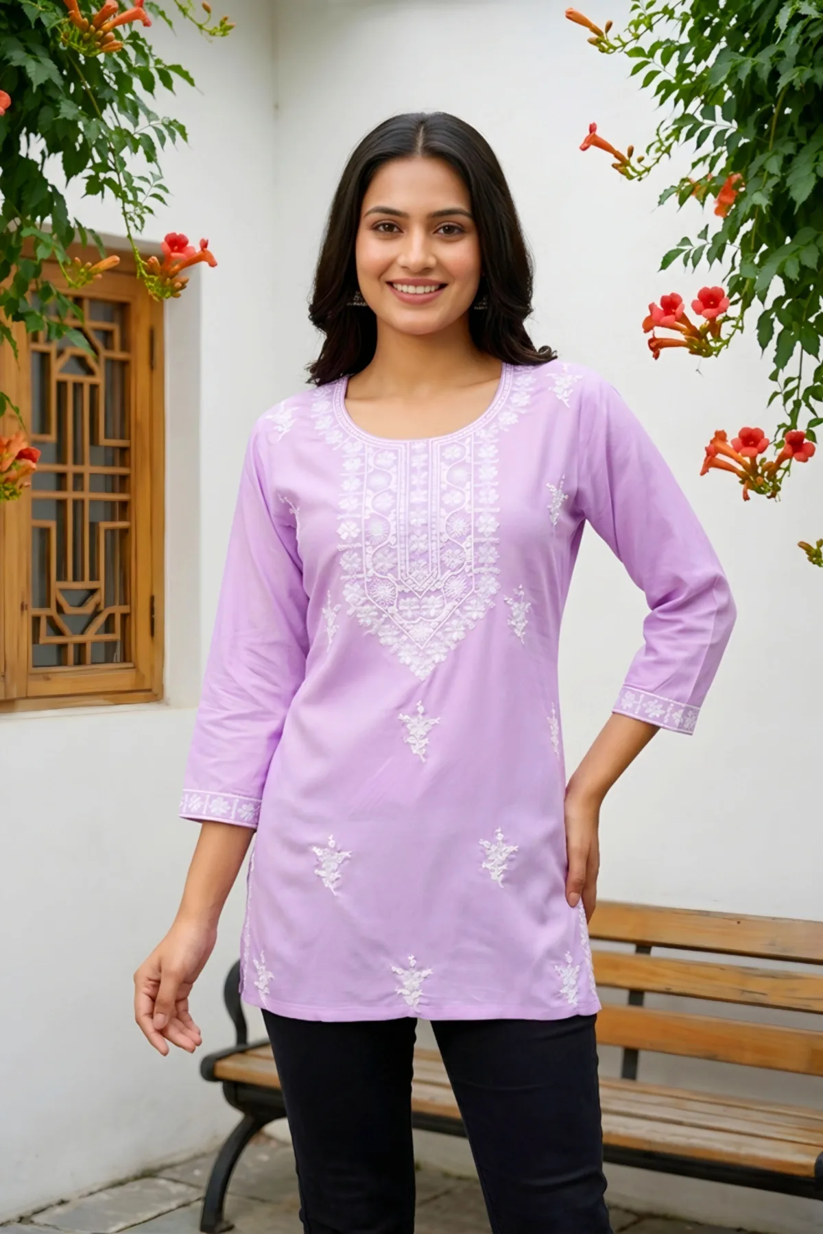 Light Purple Rayon Short Kurti with Chikankari Embroidery