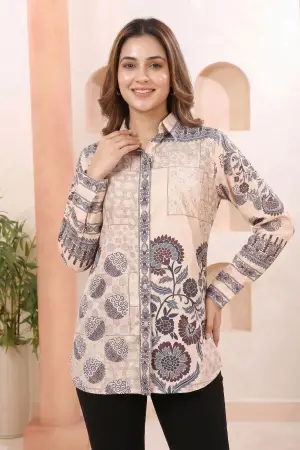 Champagne Beige Modal Silk Tunic with Azrakh Print and Shirt Collar - photo 1