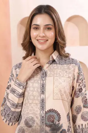 Champagne Beige Modal Silk Tunic with Azrakh Print and Shirt Collar - photo 3