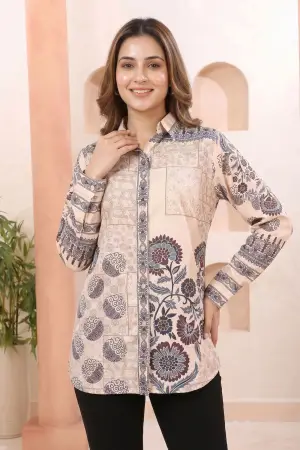 Champagne Beige Modal Silk Tunic with Azrakh Print and Shirt Collar - photo 6