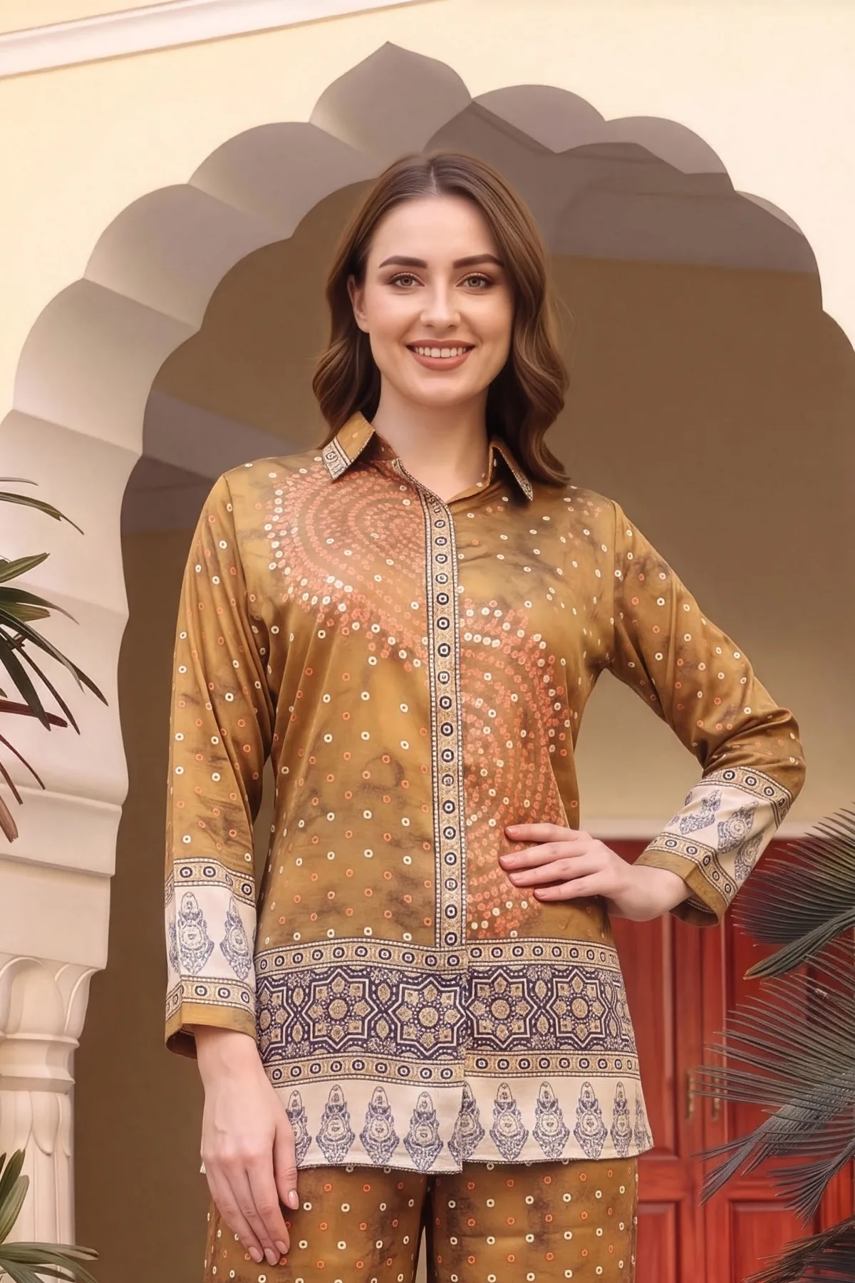 Mustard Crepe Silk Bandhani Print Shirt Style Kurti