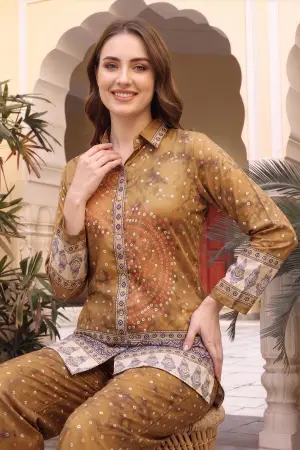 Mustard Crepe Silk Bandhani Print Shirt Style Kurti - photo 3