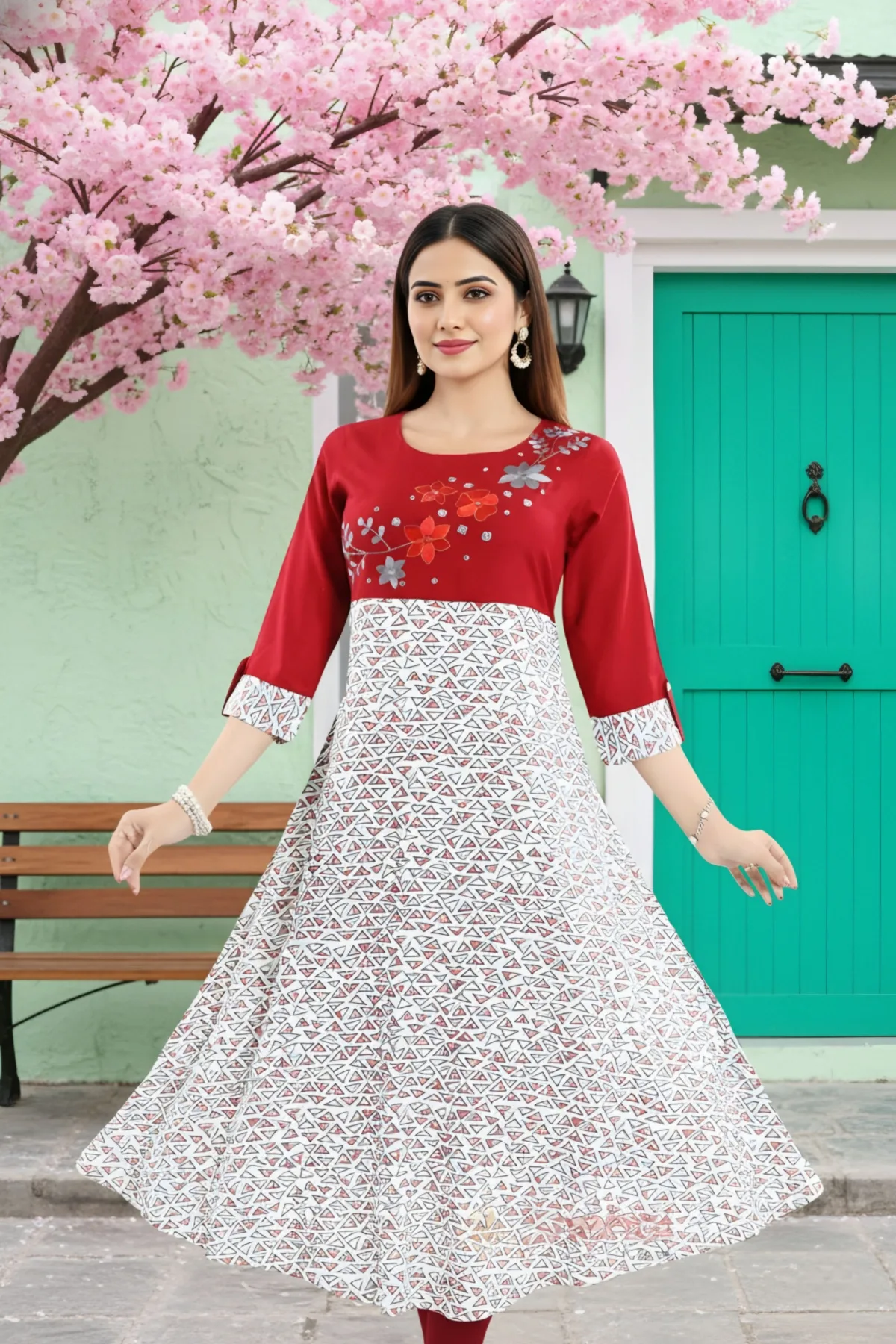 Maroon Rayon Printed Flared Long Tunic with Floral Embroidery