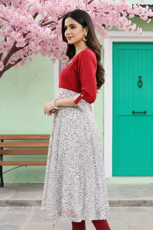Maroon Rayon Printed Flared Long Tunic with Floral Embroidery - photo 2