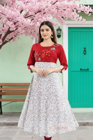 Maroon Rayon Printed Flared Long Tunic with Floral Embroidery - photo 3