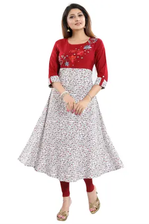 Maroon Rayon Printed Flared Long Tunic with Floral Embroidery - photo 5