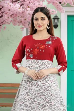 Maroon Rayon Printed Flared Long Tunic with Floral Embroidery - photo 7