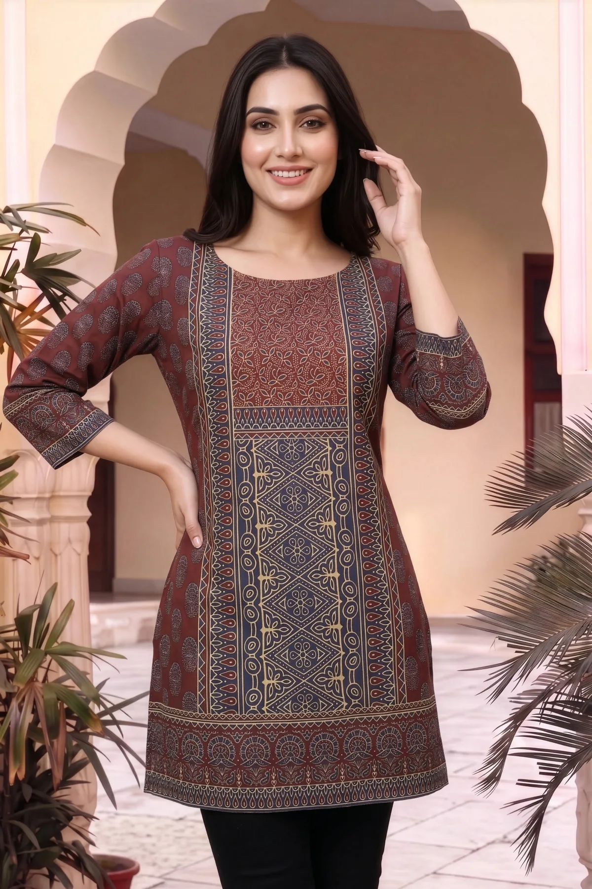 Maroon Ajrakh Print Short Kurti with Thread Work Neckline