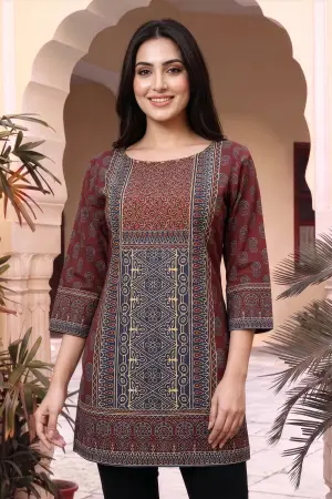 Maroon Ajrakh Print Short Kurti with Thread Work Neckline - photo 6