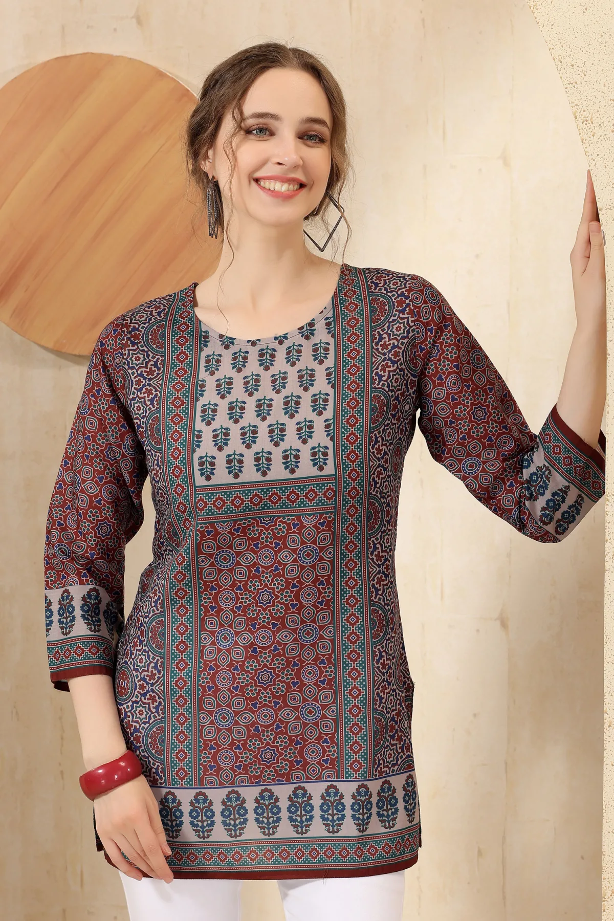 Maroon Jaipuri Cotton Print Round Neck Short Tunic