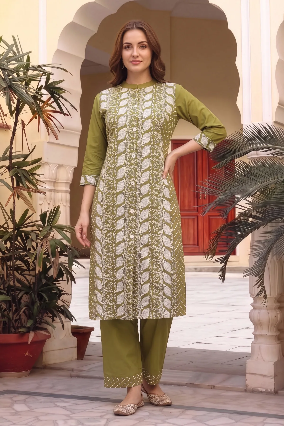 Mehandi Green Cotton Chikankari Style Kurti with Palazzo