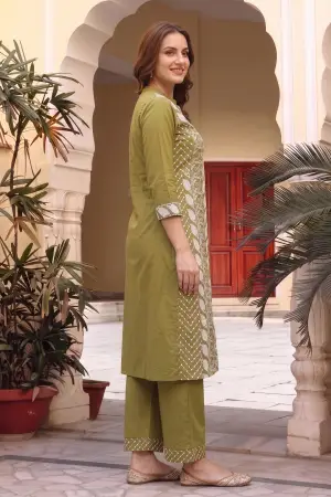 Mehandi Green Cotton Chikankari Style Kurti with Palazzo - photo 2