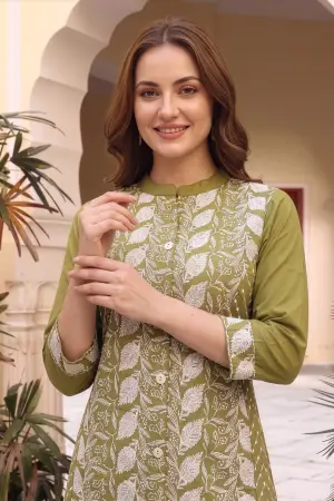 Mehandi Green Cotton Chikankari Style Kurti with Palazzo - photo 3