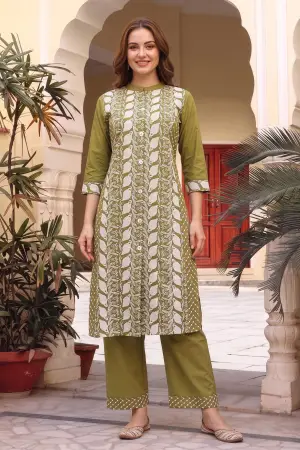 Mehandi Green Cotton Chikankari Style Kurti with Palazzo - photo 6