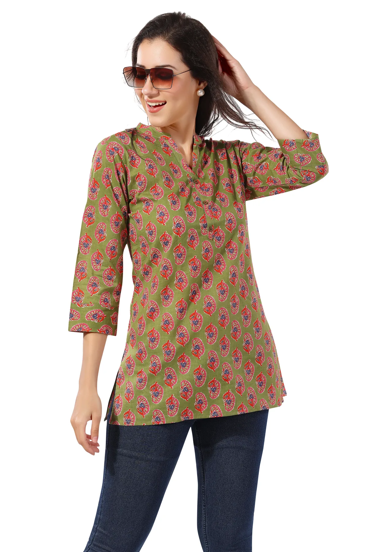 Mehandi Green Cotton Printed Short Tunic Top