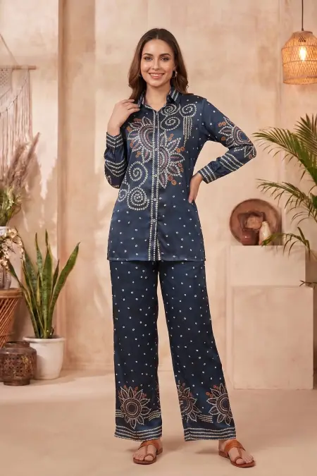 Midnight Blue Bandhani Print Crepe Silk Co Ord Set
