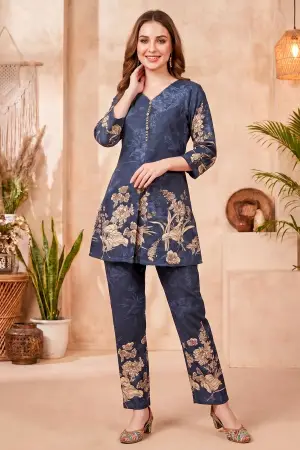 Navy Blue Cotton Floral Print Kurta Pant Co Ord Set - photo 1