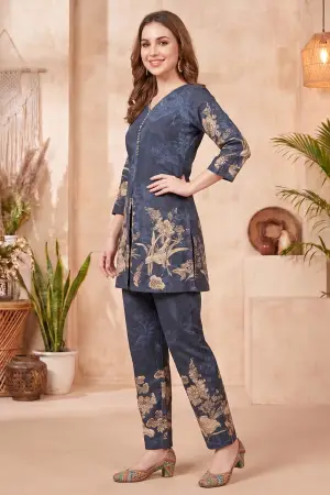 Navy Blue Cotton Floral Print Kurta Pant Co Ord Set - photo 2
