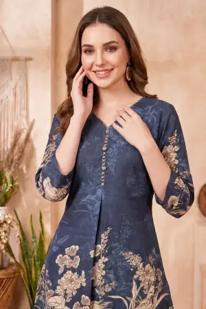Navy Blue Cotton Floral Print Kurta Pant Co Ord Set - photo 3