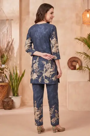 Navy Blue Cotton Floral Print Kurta Pant Co Ord Set - photo 4