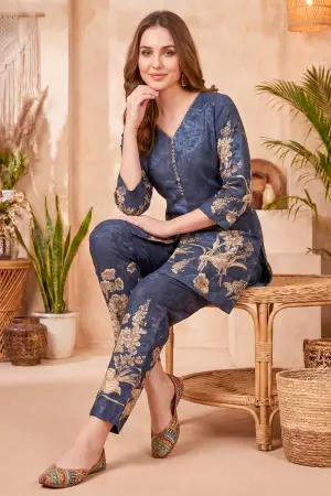 Navy Blue Cotton Floral Print Kurta Pant Co Ord Set - photo 5