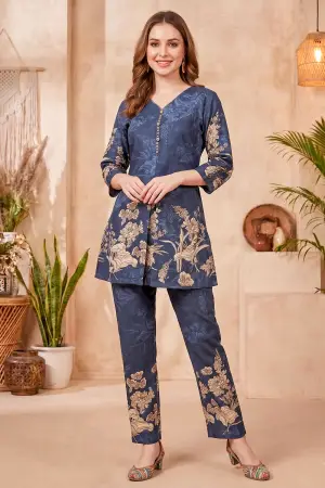 Navy Blue Cotton Floral Print Kurta Pant Co Ord Set - photo 6