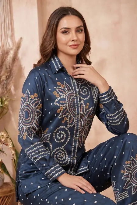 Navy Blue Modal Silk Bandhani Print Shirt Top with Collar