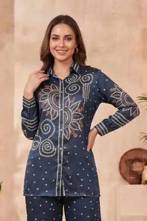 Navy Blue Modal Silk Bandhani Print Shirt Top with Collar - photo 2