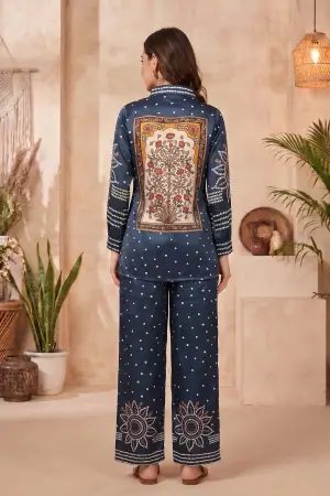 Navy Blue Modal Silk Bandhani Print Shirt Top with Collar - photo 3