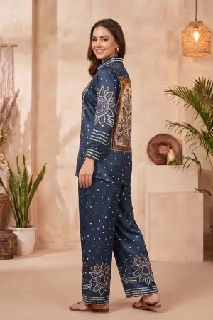 Navy Blue Modal Silk Bandhani Print Shirt Top with Collar - photo 4