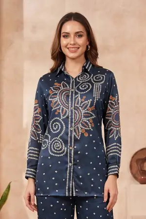 Navy Blue Modal Silk Bandhani Print Shirt Top with Collar - photo 5