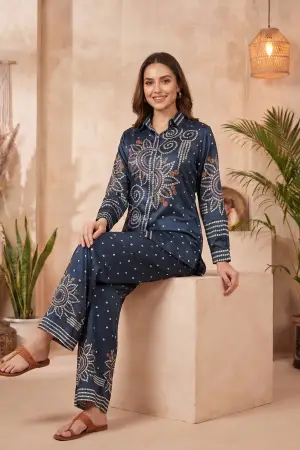 Navy Blue Modal Silk Bandhani Print Shirt Top with Collar - photo 6
