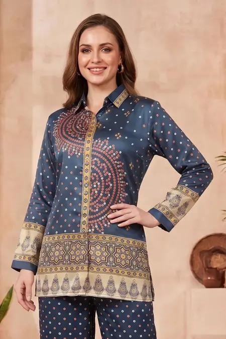 Navy Blue Modal Silk Bandhani Print Shirt for Women