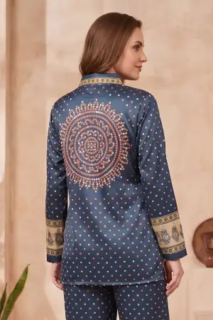 Navy Blue Modal Silk Bandhani Print Shirt for Women - photo 2
