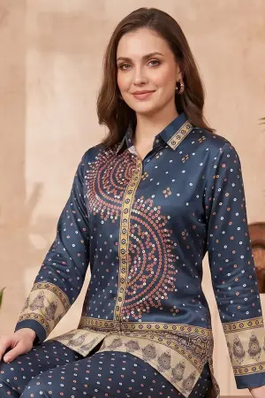 Navy Blue Modal Silk Bandhani Print Shirt for Women - photo 4