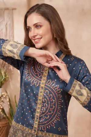 Navy Blue Modal Silk Bandhani Print Shirt for Women - photo 5