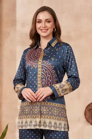 Navy Blue Modal Silk Bandhani Print Shirt for Women - photo 6