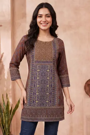Brown Azrakh Print Blended Cotton Short Kurti - photo 1