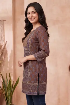 Brown Azrakh Print Blended Cotton Short Kurti - photo 2