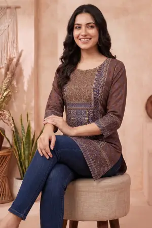 Brown Azrakh Print Blended Cotton Short Kurti - photo 6