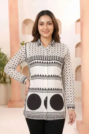 White Modal Silk Geometric Print Shirt Style Tunic - photo 1