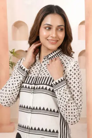 White Modal Silk Geometric Print Shirt Style Tunic - photo 3