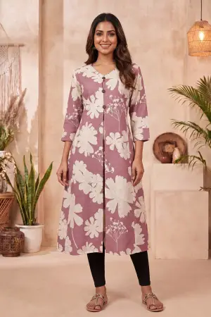Onion Pink A Line Kurti with Large Floral Print - photo 1