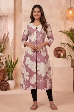 Onion Pink A Line Kurti with Large Floral Print - photo 5
