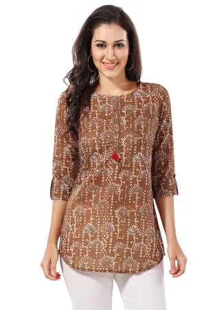Olive Green Cotton Printed Tunic with Button and Thread Work - photo 5