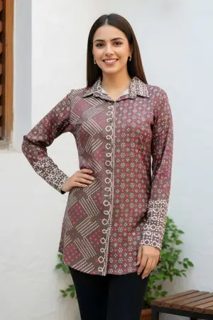 Olive Green Modal Azrakh Print Shirt Style Kurti Top - photo 1