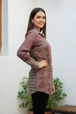Olive Green Modal Azrakh Print Shirt Style Kurti Top - photo 2