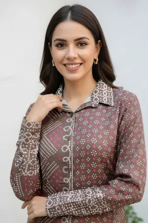 Olive Green Modal Azrakh Print Shirt Style Kurti Top - photo 3