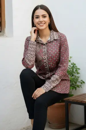 Olive Green Modal Azrakh Print Shirt Style Kurti Top - photo 6