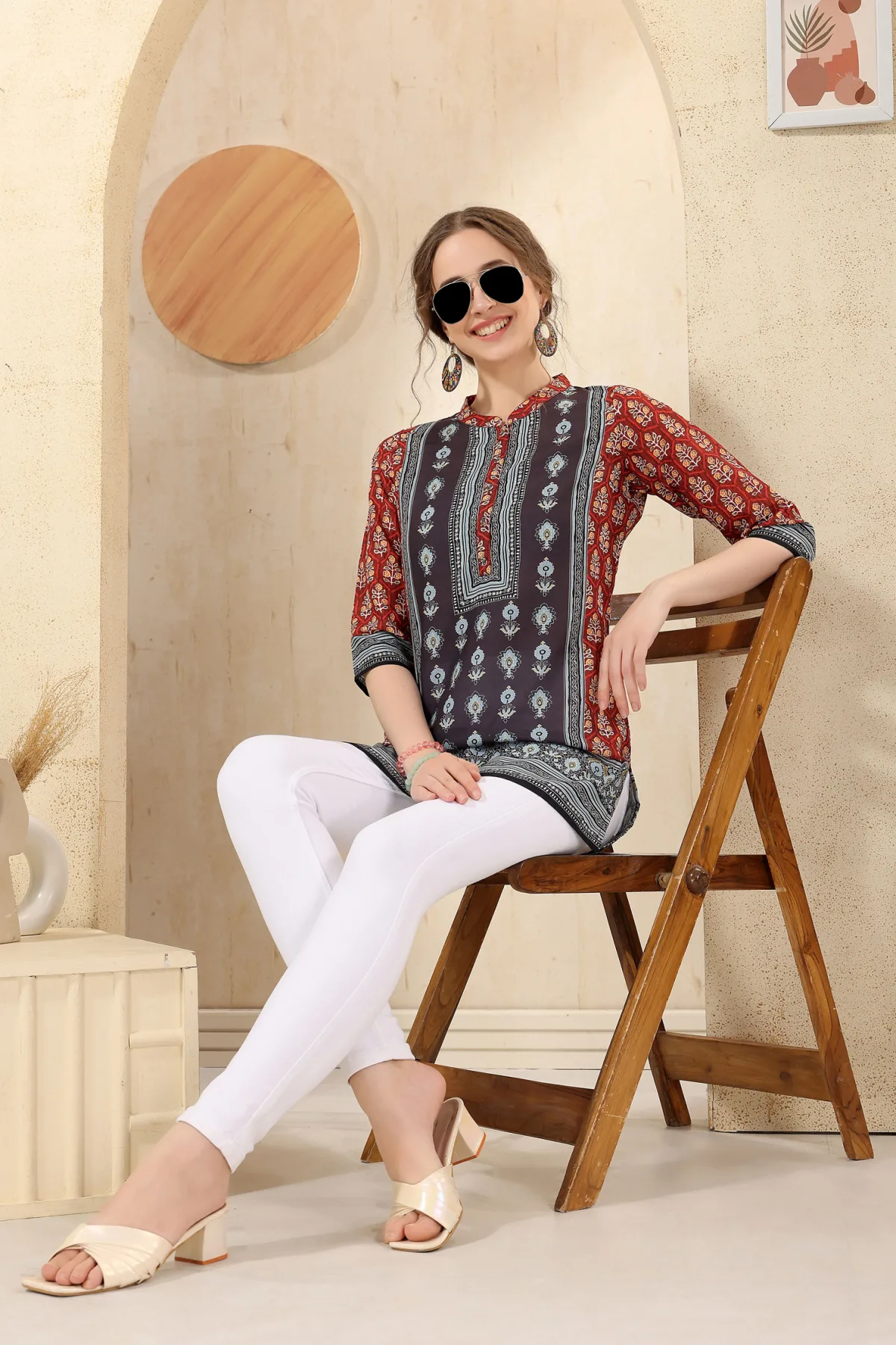 Pink Cotton Print Mandarin Collar Short Tunic Top